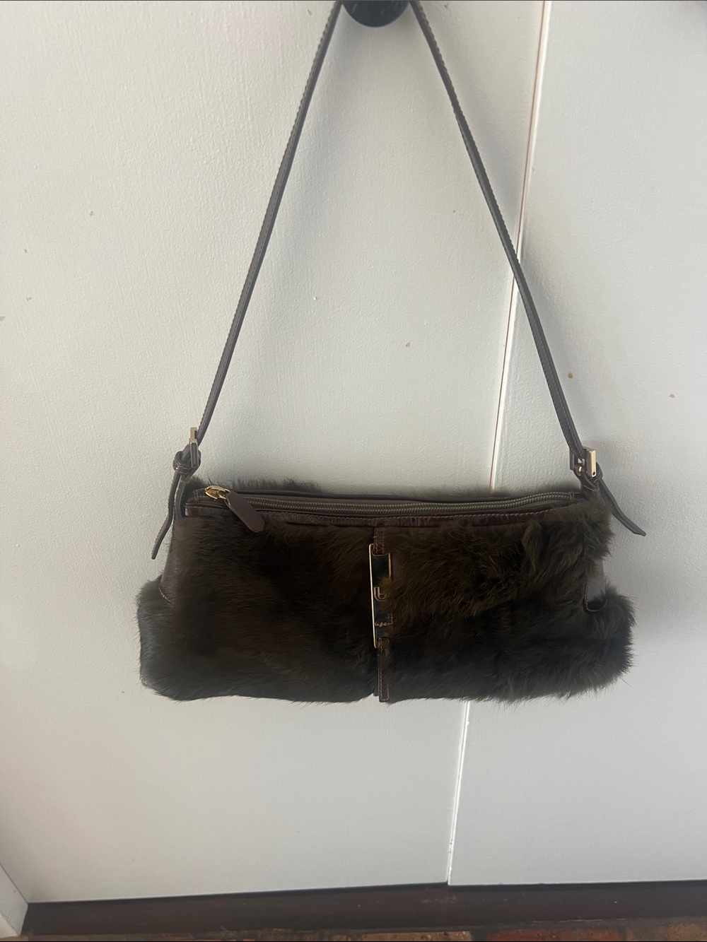 Byblos Dark Olive Green Faux Fur Shoulder Bag with Leather Strap